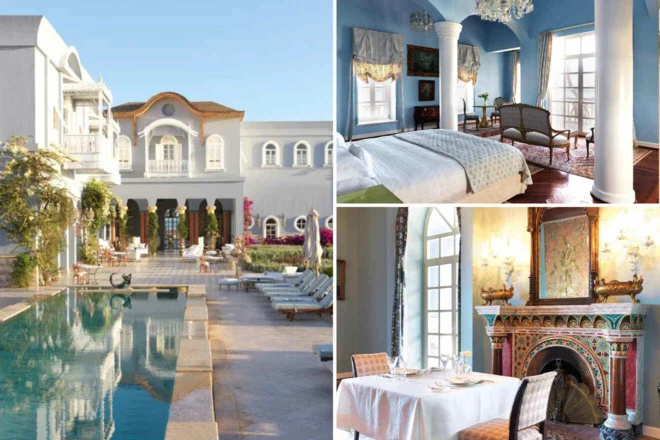 Collage of a luxurious estate: left image shows a courtyard with a pool; top right shows a blue-themed bedroom; bottom right shows a dining area with a decorative fireplace.