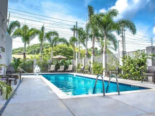 A rectangular outdoor pool surrounded by lounge chairs and palm trees, with a metal fence and utility poles in the background under a blue sky.