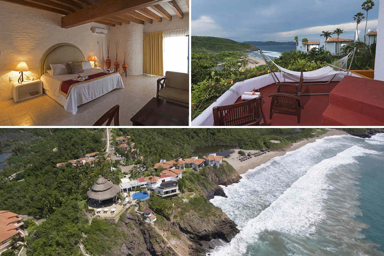 Collage of a hotel room, an outdoor lounge with ocean view, and an aerial view of a coastal resort.