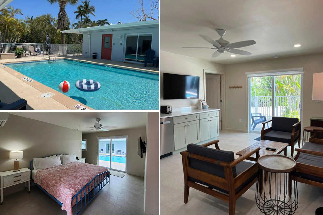 Collage of a hotel room, living area, and outdoor pool with lounge chairs and palm trees.