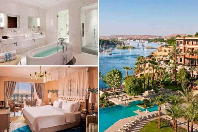 Collage showing a luxurious hotel bathroom, a well-furnished bedroom, and an outdoor pool area with palm trees and a view of a river with boats.