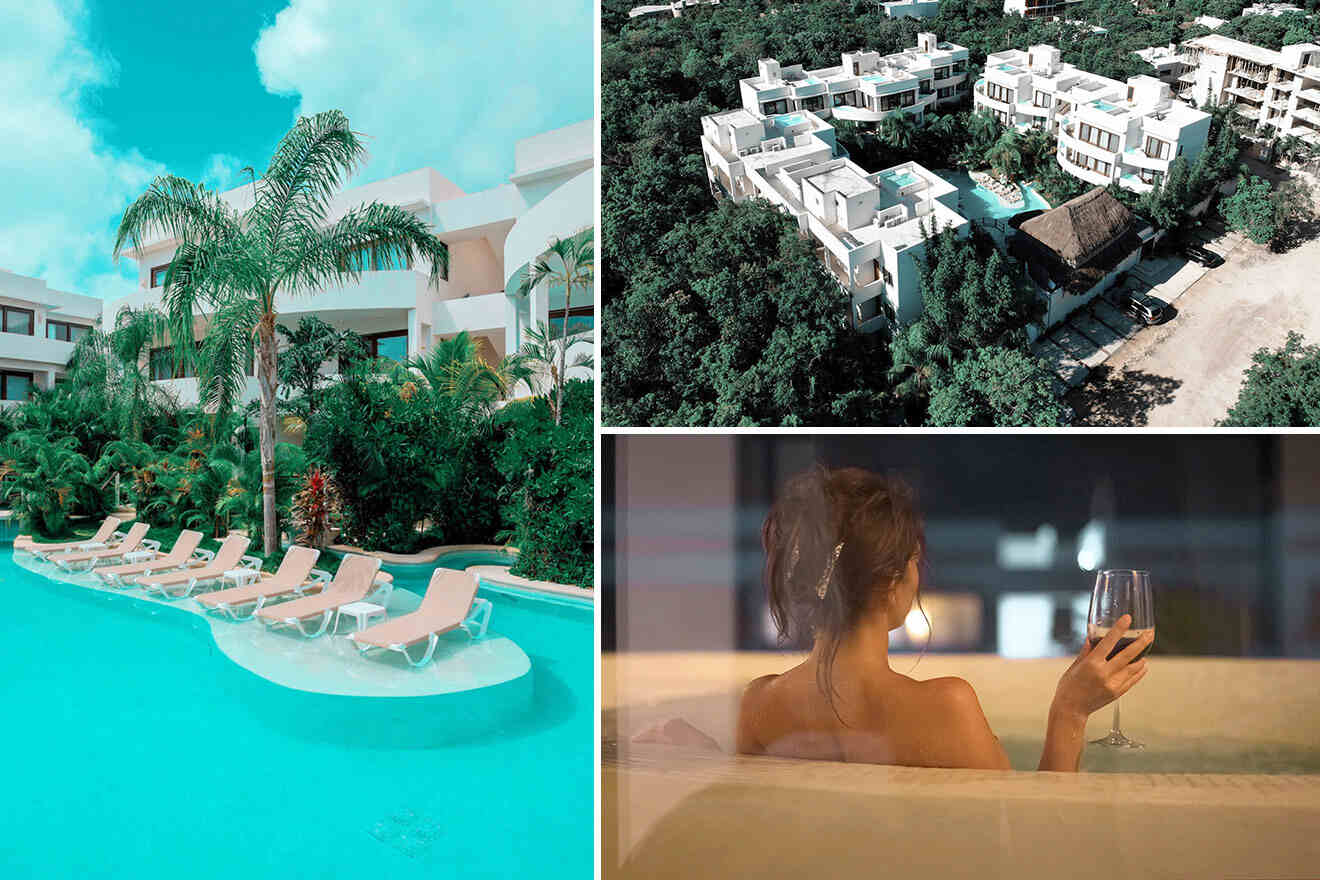 Resort with poolside lounges, aerial view of white buildings amidst trees, and a person in a jacuzzi holding a wine glass.