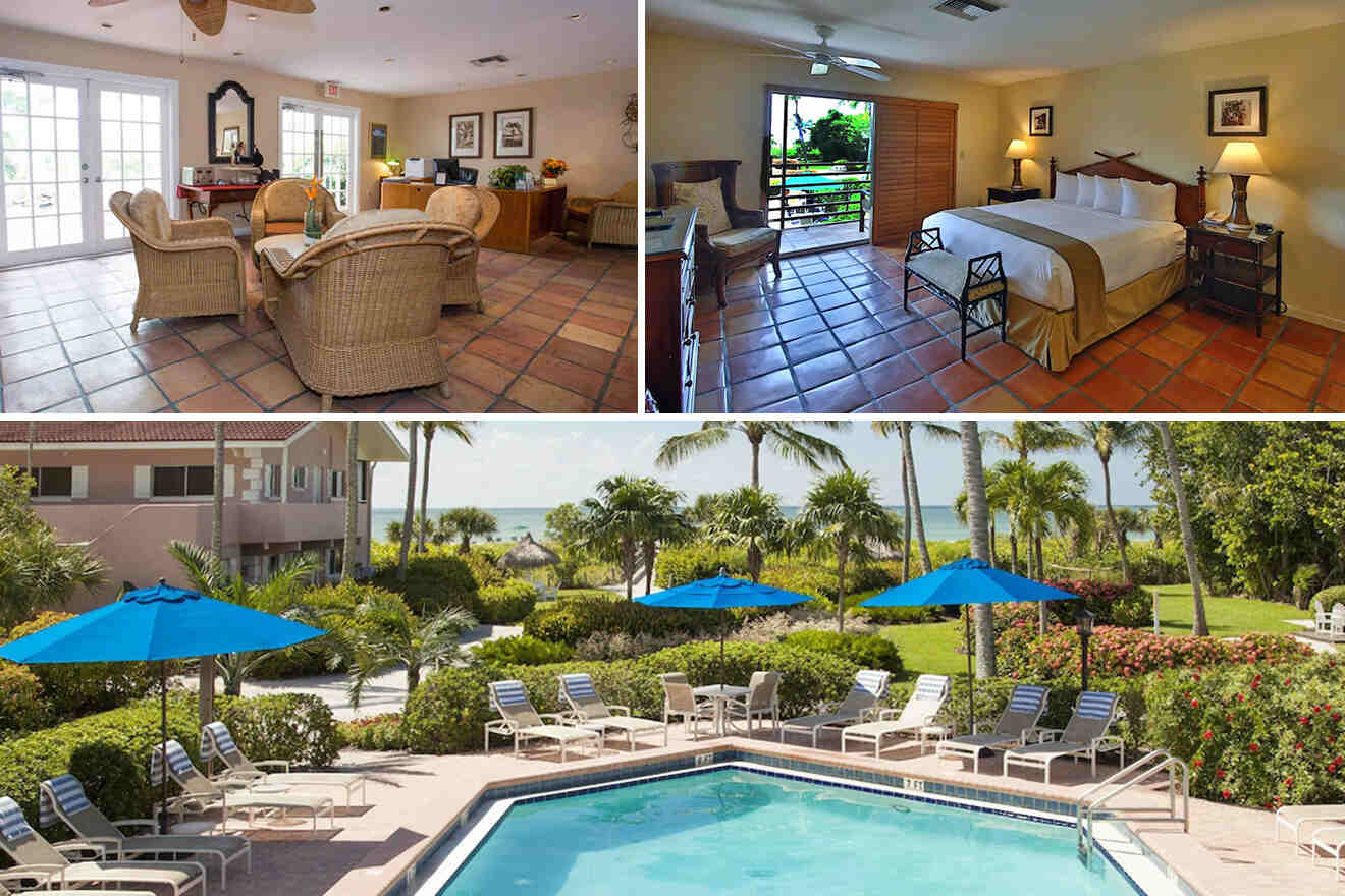 Collage of a resort: indoor seating area, a bedroom with a large bed, and an outdoor pool surrounded by lounge chairs and umbrellas.