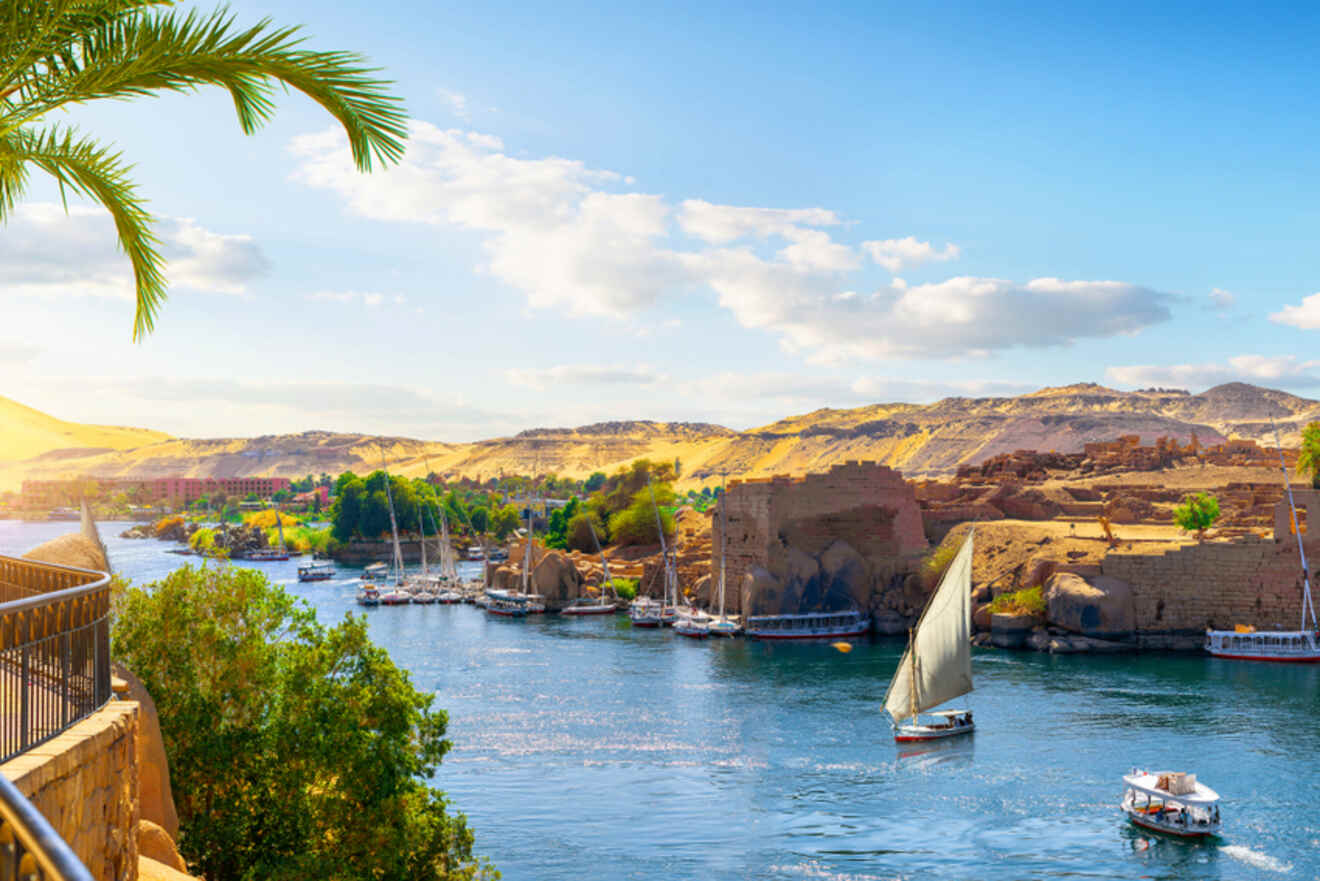 A scenic view of a river with several sailboats, surrounded by palm trees, ancient ruins, and desert landscape under a partly cloudy sky.