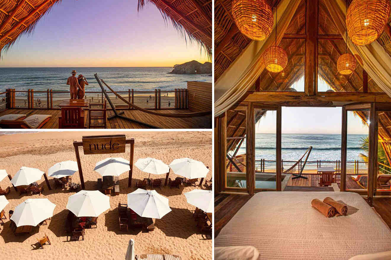 Beachside resort with thatched roofs and hammocks. Rooms feature ocean views and cozy interiors. Outdoor seating with white umbrellas on the sandy beach.