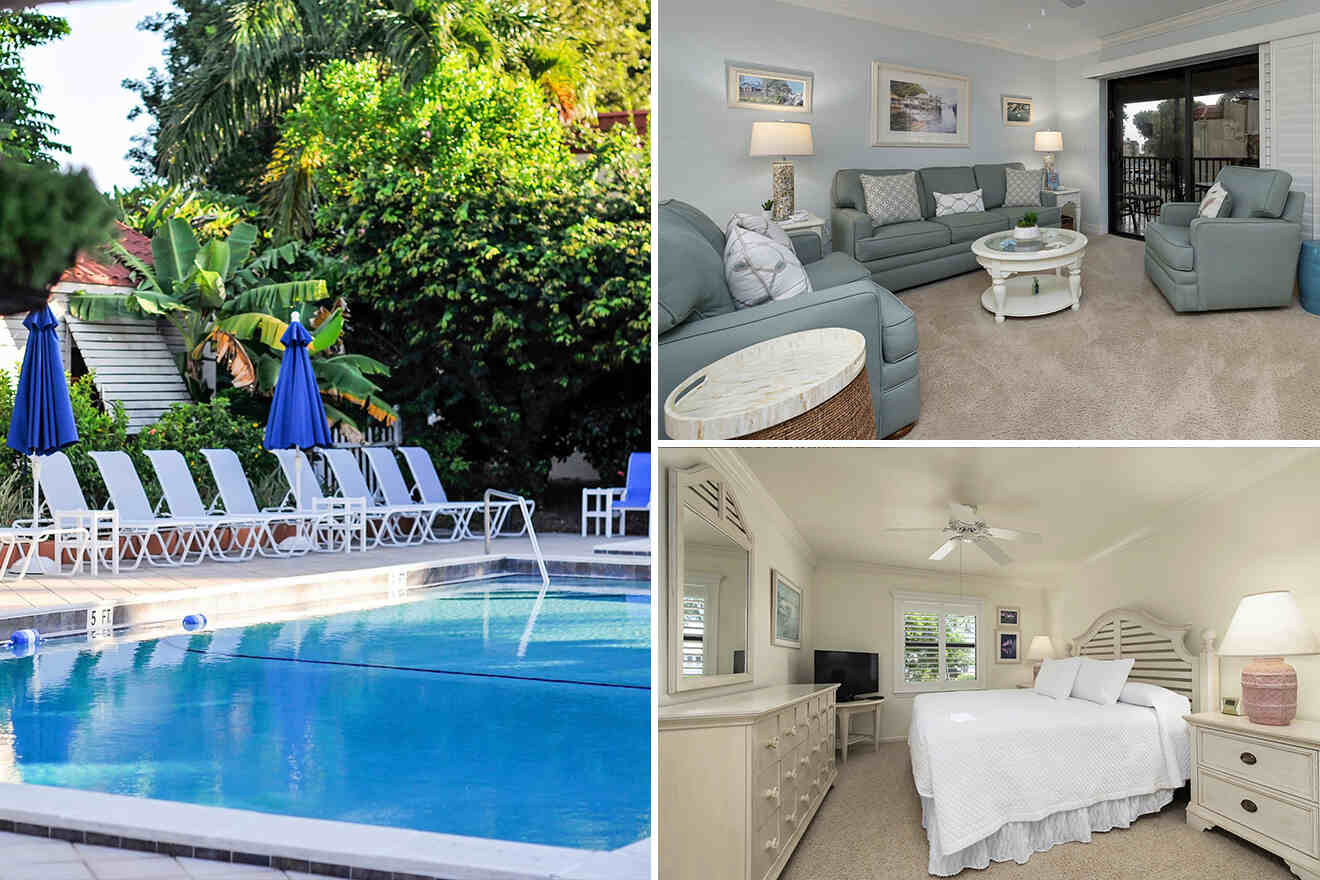 Collage of a pool with lounge chairs, a living room with blue sofas, and a bedroom with a white bed and dresser.