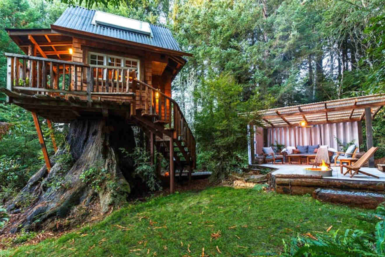 A wooden treehouse on a large stump with stairs, set in a forest. Nearby is an outdoor seating area with chairs and a lit fire pit.