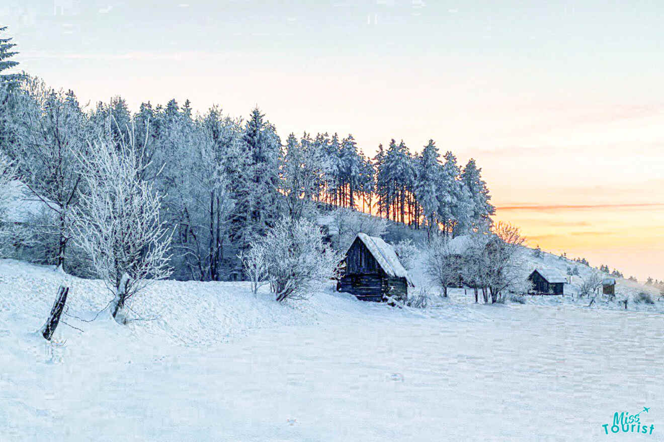 A snow-covered landscape with frosted trees and two wooden huts come alive during sunrise, a picturesque moment perfect for any Serbia itinerary.