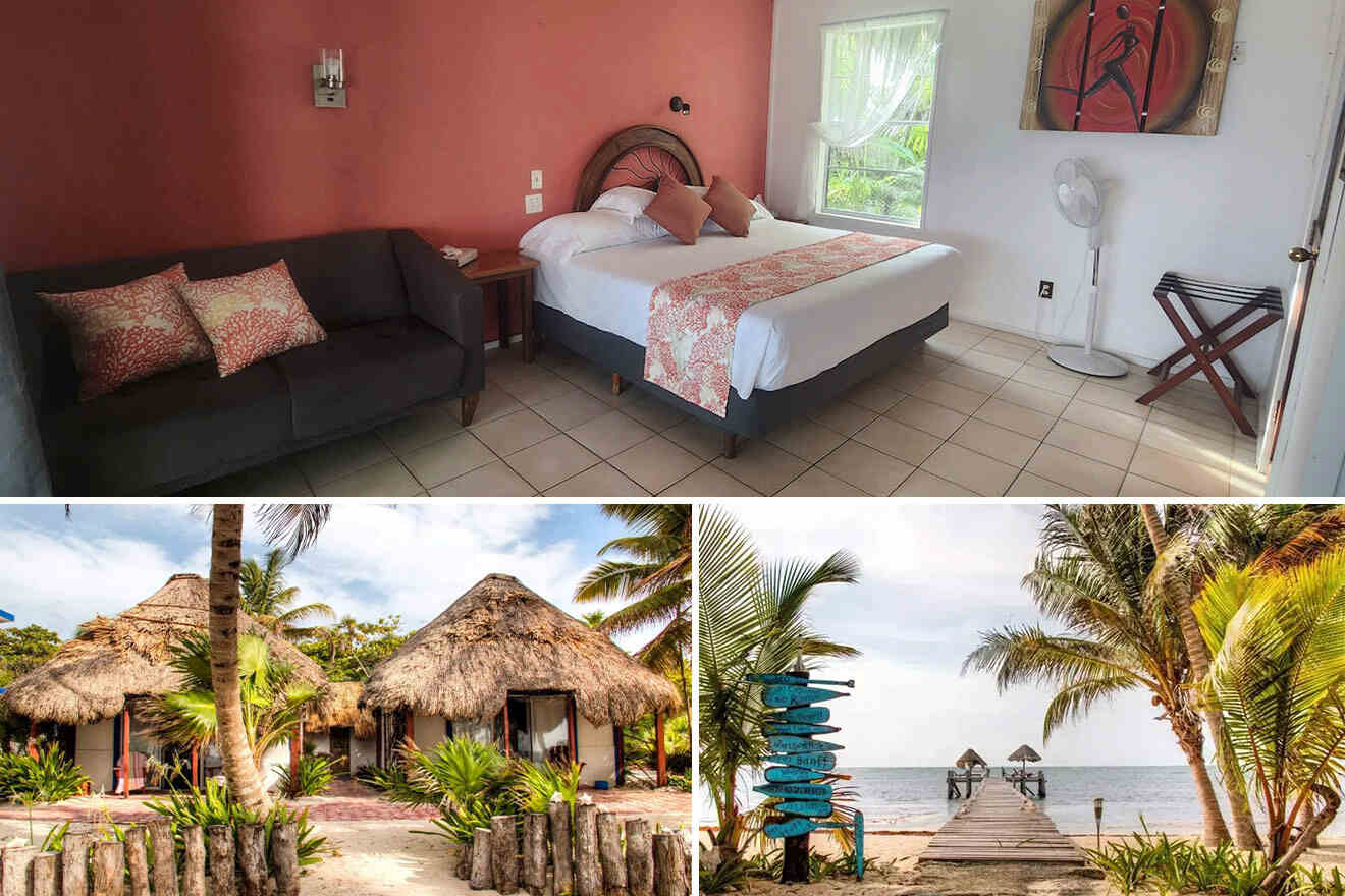 A cozy room with a bed and couch, and an outdoor scene featuring thatched-roof huts surrounded by palm trees, with a walkway leading to the ocean.