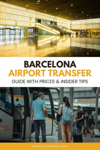 Barcelona airport transfer guide image featuring a bright airport terminal and passengers boarding a bus. Text overlay provides pricing and tips.