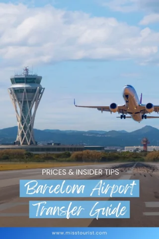 Airplane taking off with Barcelona Airport control tower in the background. Text reads: 