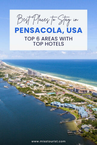 Aerial view of Pensacola, USA, showing coastline with hotels and buildings. Text on image reads: 