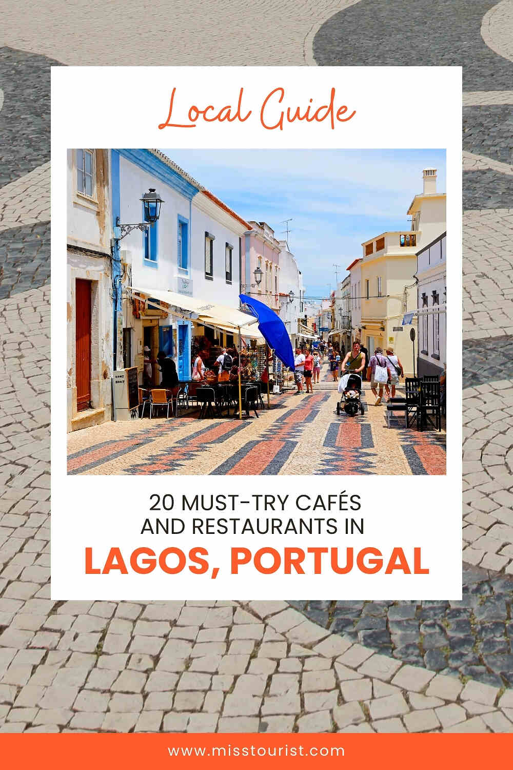 A street in Lagos, Portugal, with people walking and sitting at outdoor cafés. Colorful buildings line the street under a clear blue sky.