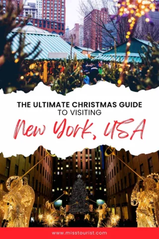 Festive Christmas market scene in New York City with holiday lights and decorations. Text reads "The Ultimate Christmas Guide to Visiting New York, USA.