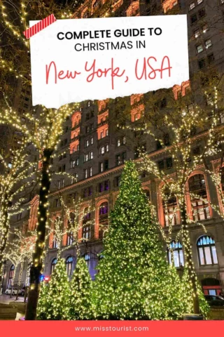 Festive lights adorn trees and a building in New York City, with a banner that reads "Complete Guide to Christmas in New York, USA.