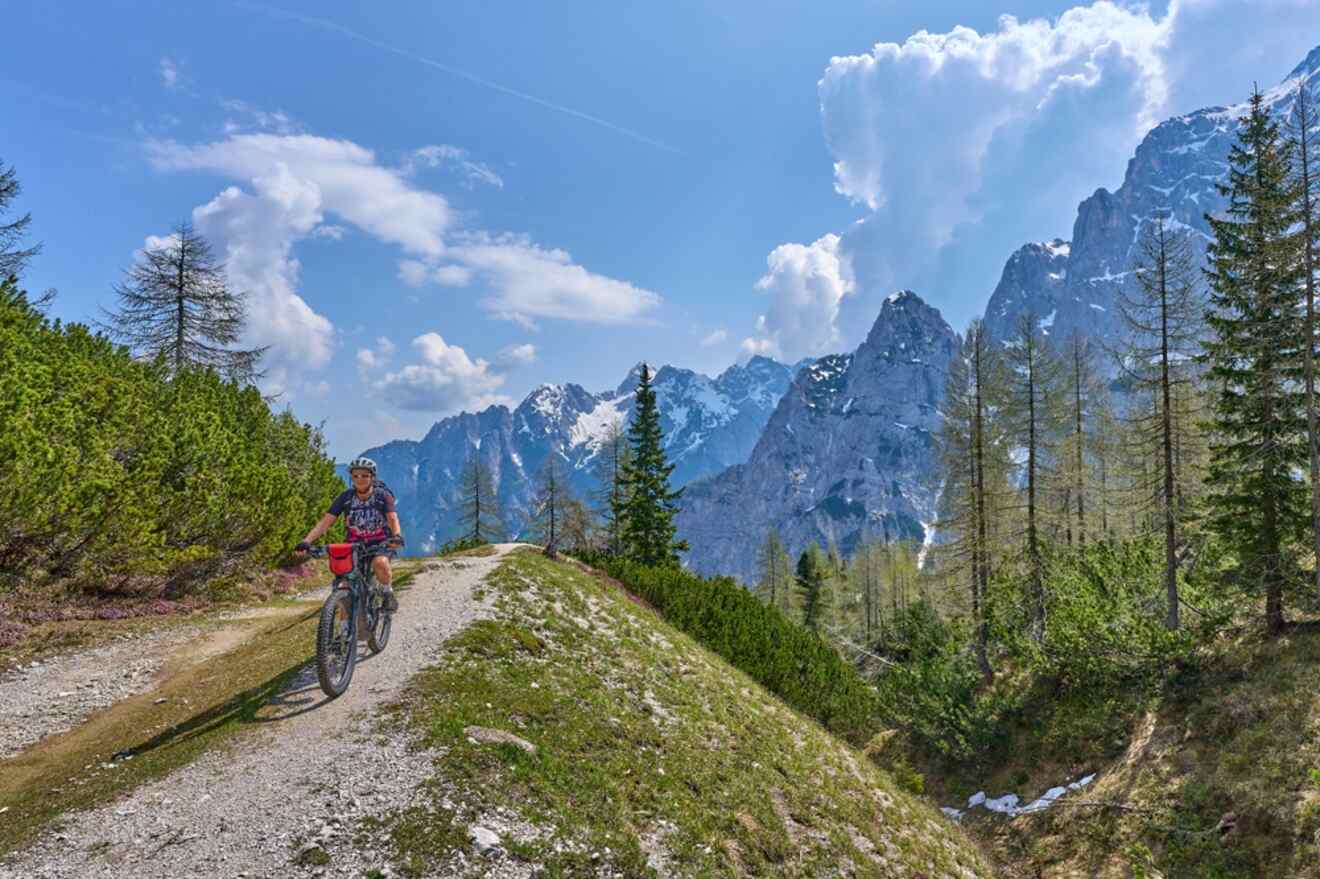 Person mountain biking on a dirt trail surrounded by conifer trees and snow-capped peaks under a cloudy blue sky.