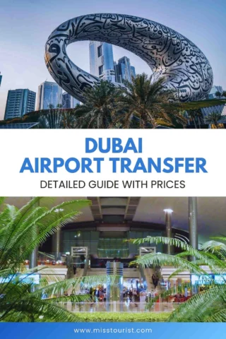 Modern building with Arabic design and palm trees above text: "Dubai Airport Transfer, Detailed Guide with Prices," and an airport interior scene below with plants and seating areas.