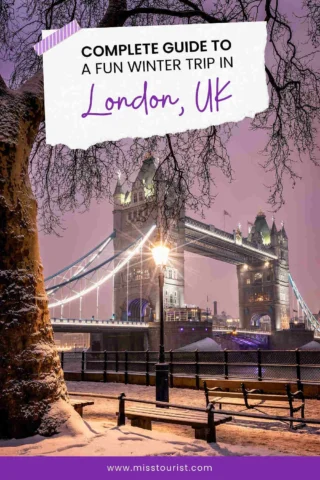 Snowy scene of Tower Bridge in London at dusk, with a caption promoting a winter trip guide. Website address at the bottom.