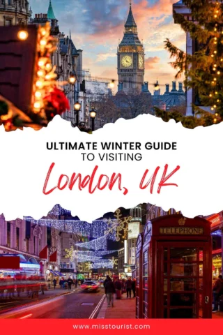 Collage featuring Big Ben, festive street lights, and a red phone booth, promoting a guide to visiting London, UK in winter.