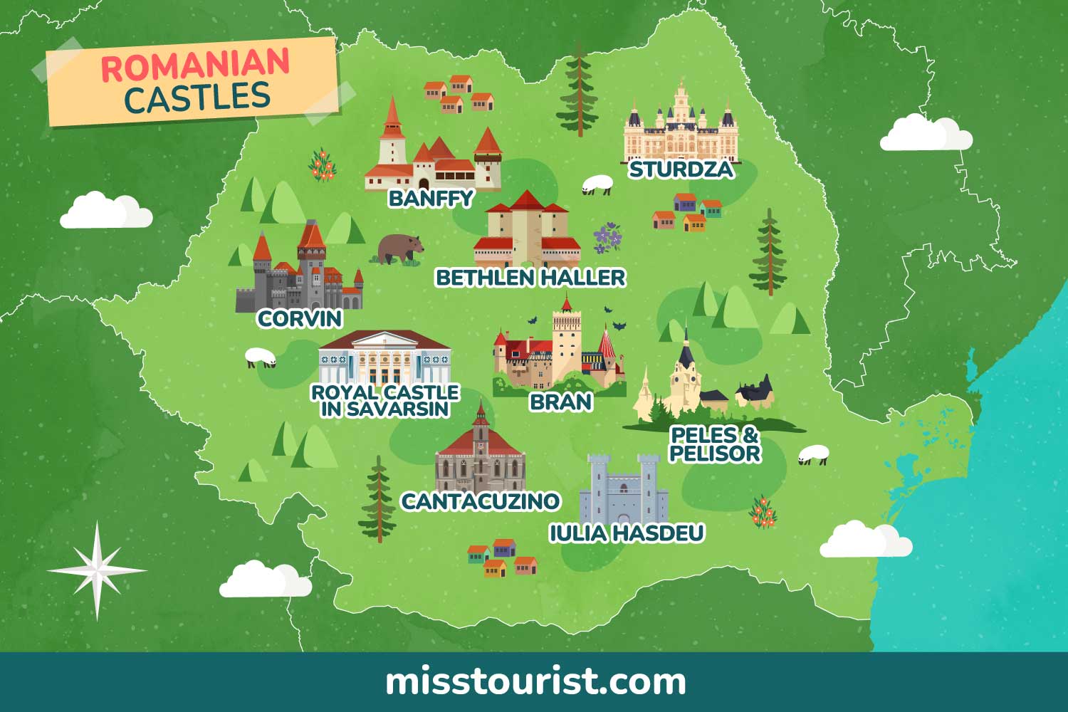 Illustrated map of Romania showing locations of various castles: Banffy, Bethlen Haller, Sturdza, Corvin, Royal Castle in Savarsin, Bran, Cantacuzino, Iulia Hasdeu, Peles & Pelisor.