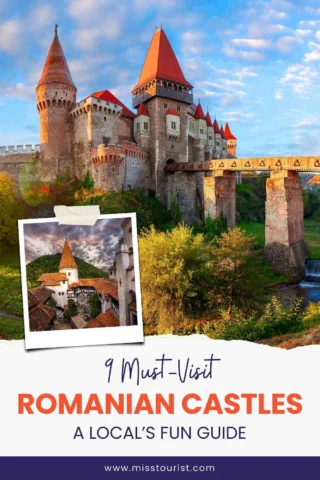 Image of a Romanian castle with red turrets, a bridge, and a scenic view. Text reads: "9 Must-Visit Romanian Castles: A Local’s Fun Guide." Logo: misstourist.com.