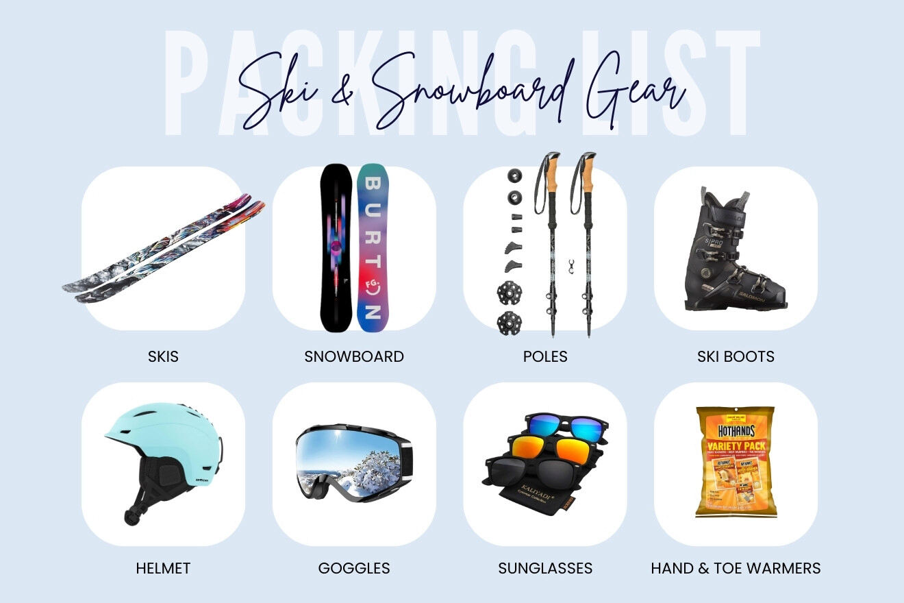 Packing list for ski and snowboard gear with images: skis, snowboard, poles, ski boots, helmet, goggles, sunglasses, and hand & toe warmers.