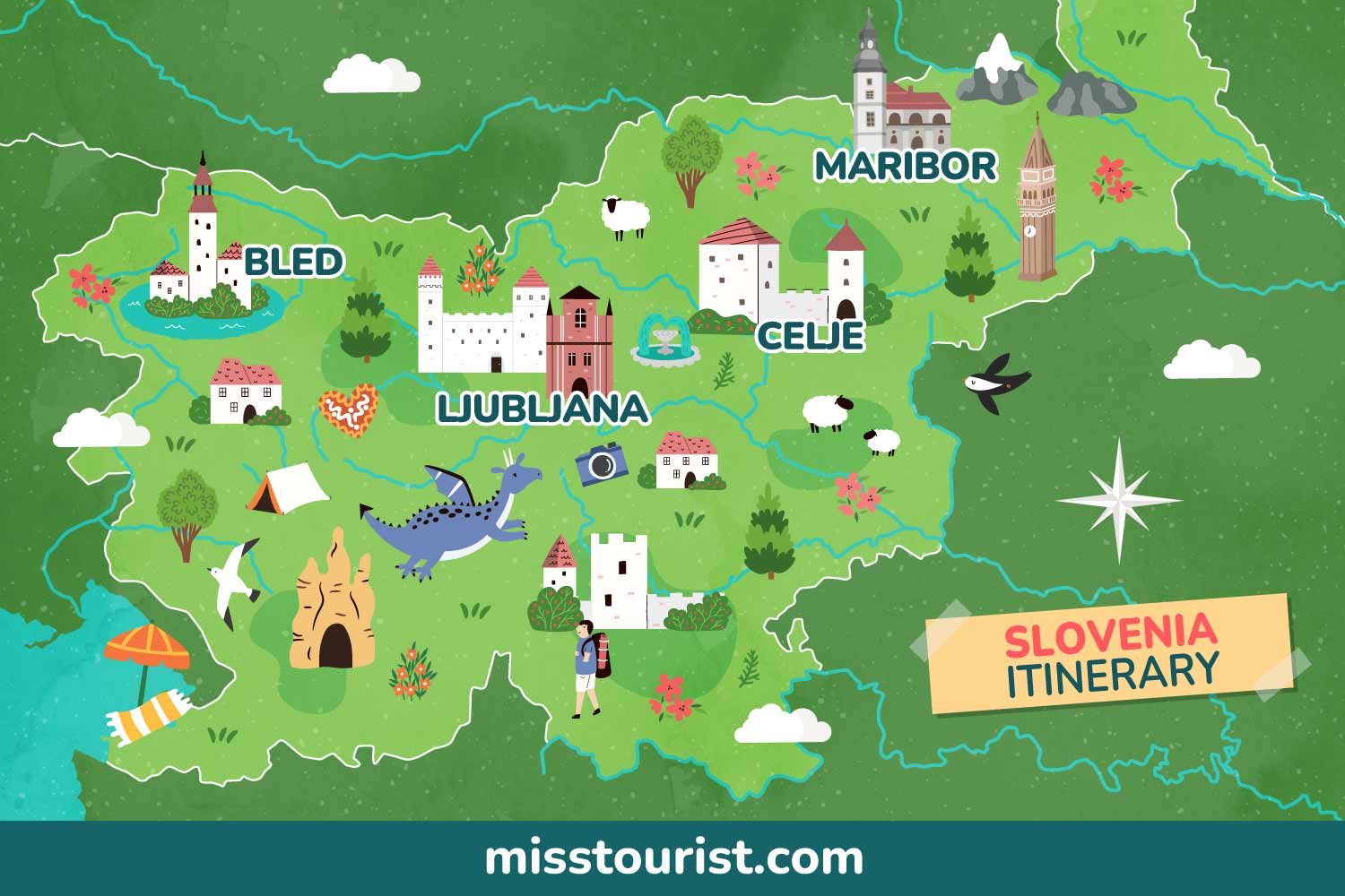 Illustrated map of Slovenia featuring cities like Ljubljana, Bled, and Maribor, with playful icons of landmarks, wildlife, and activities on a green background.