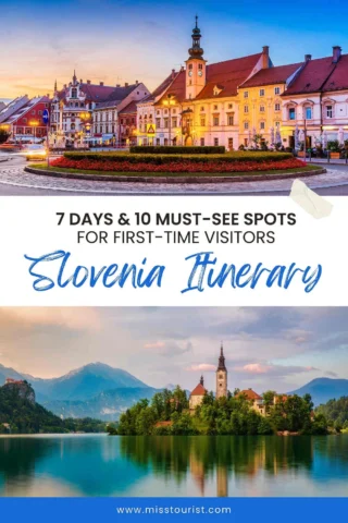 A scenic town square and a lakeside church in Slovenia, promoting a 7-day itinerary for first-time visitors.