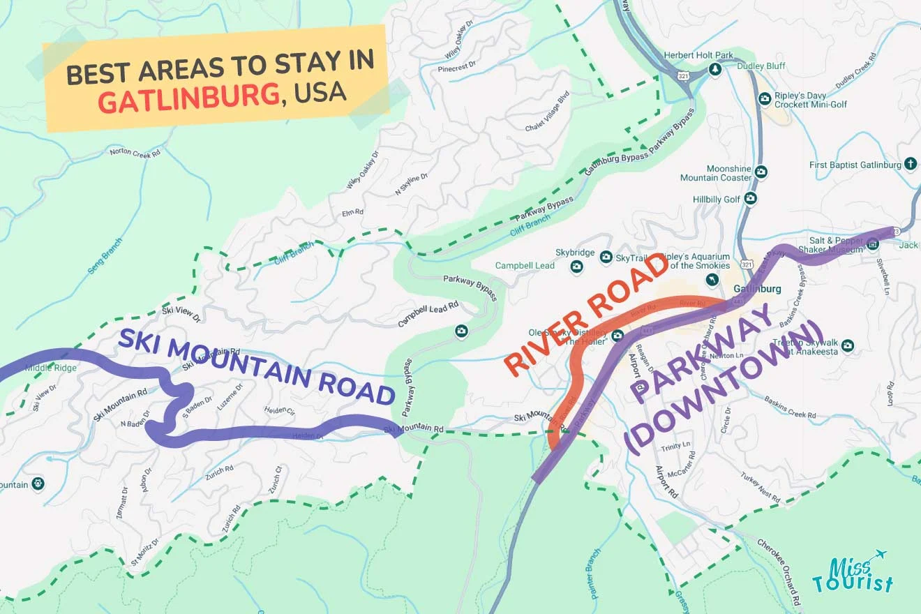 Map highlighting best areas to stay in Gatlinburg, USA, with marked routes: Ski Mountain Road, River Road, and Parkway (Downtown).