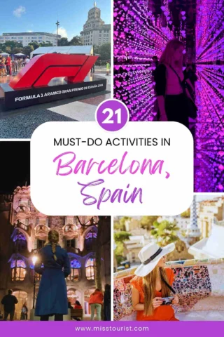 Collage of Barcelona activities: Formula 1 sign, purple lit walkway, Casa Batlló at night, and a woman in a hat at Park Güell. Text reads 