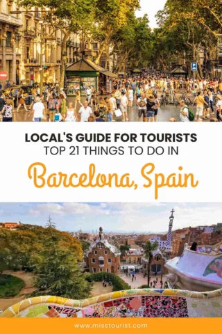 Two scenes of Barcelona: a busy street with people and a park view with architecture. Text reads "Local's Guide for Tourists: Top 21 Things to Do in Barcelona, Spain.