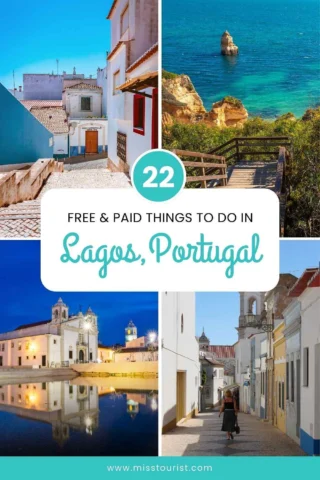 Collage of Lagos, Portugal featuring scenic views, historical architecture, and coastal landscapes with text stating 