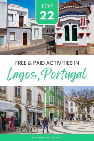 Collage of Lagos, Portugal featuring streets and buildings, with a banner reading "Top 22 Free & Paid Activities in Lagos, Portugal.