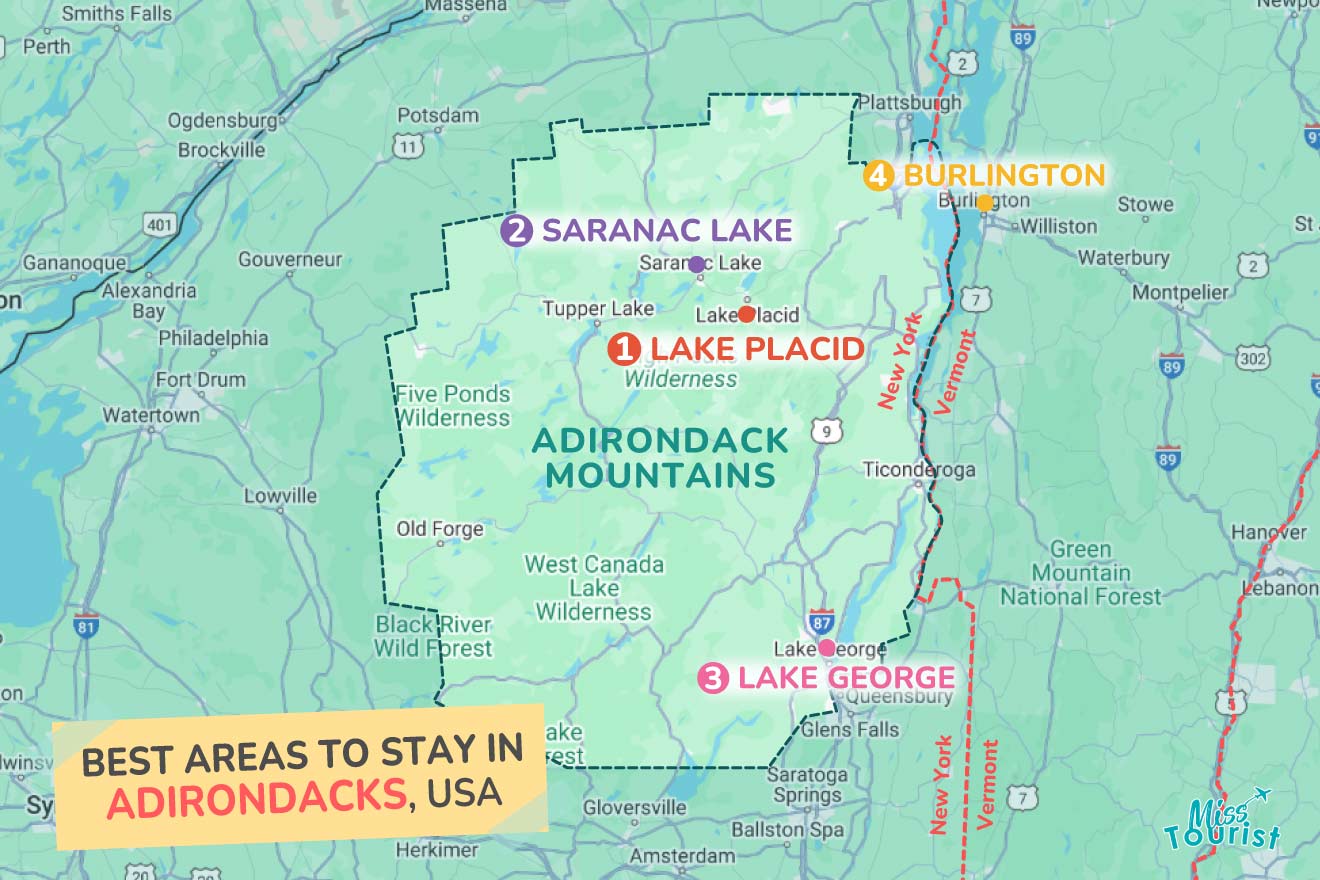 Map highlighting best areas to stay in the Adirondacks, USA: Lake Placid, Saranac Lake, Lake George, and Burlington. Includes nearby landmarks and roads.