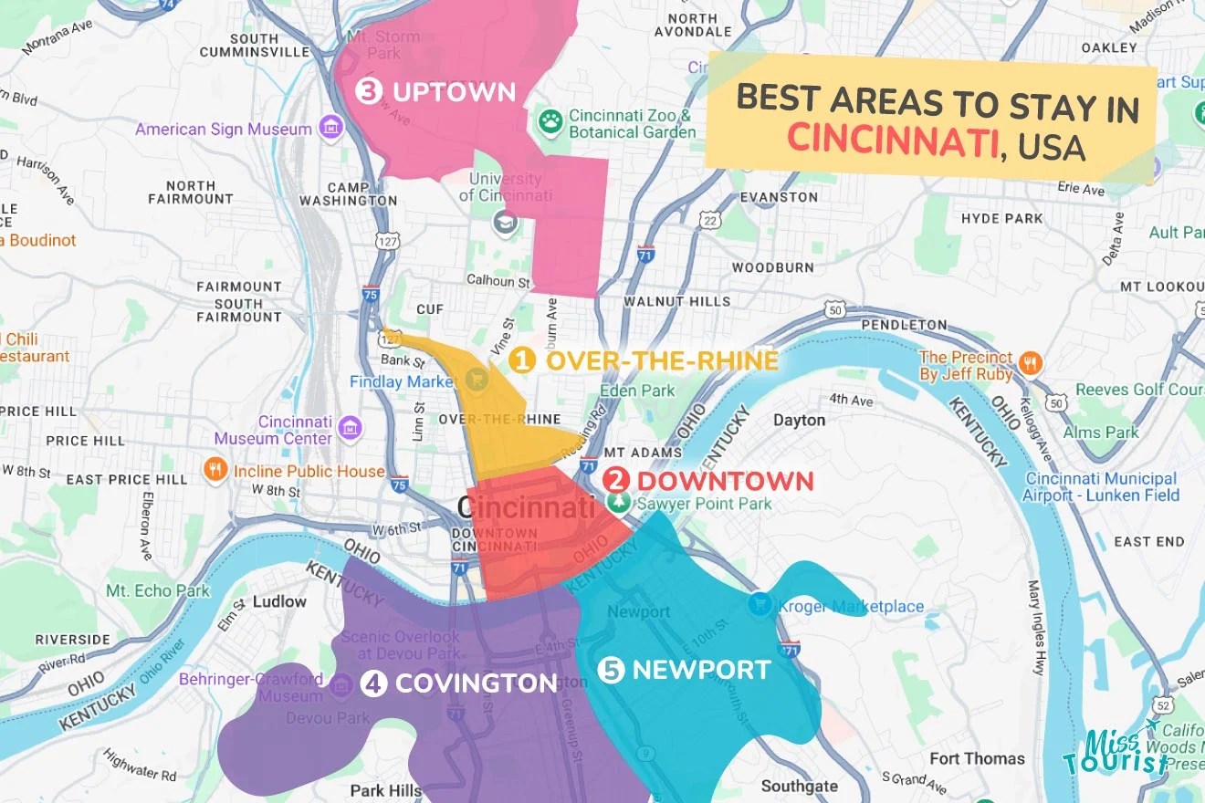 Map of Cincinnati highlighting five areas: Uptown, Over-the-Rhine, Downtown, Covington, and Newport, labeled as best areas to stay.