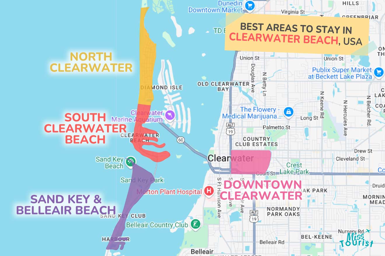 Map showing best areas to stay in Clearwater Beach, USA, with regions marked as North Clearwater, South Clearwater Beach, Sand Key & Belleair Beach, and Downtown Clearwater.