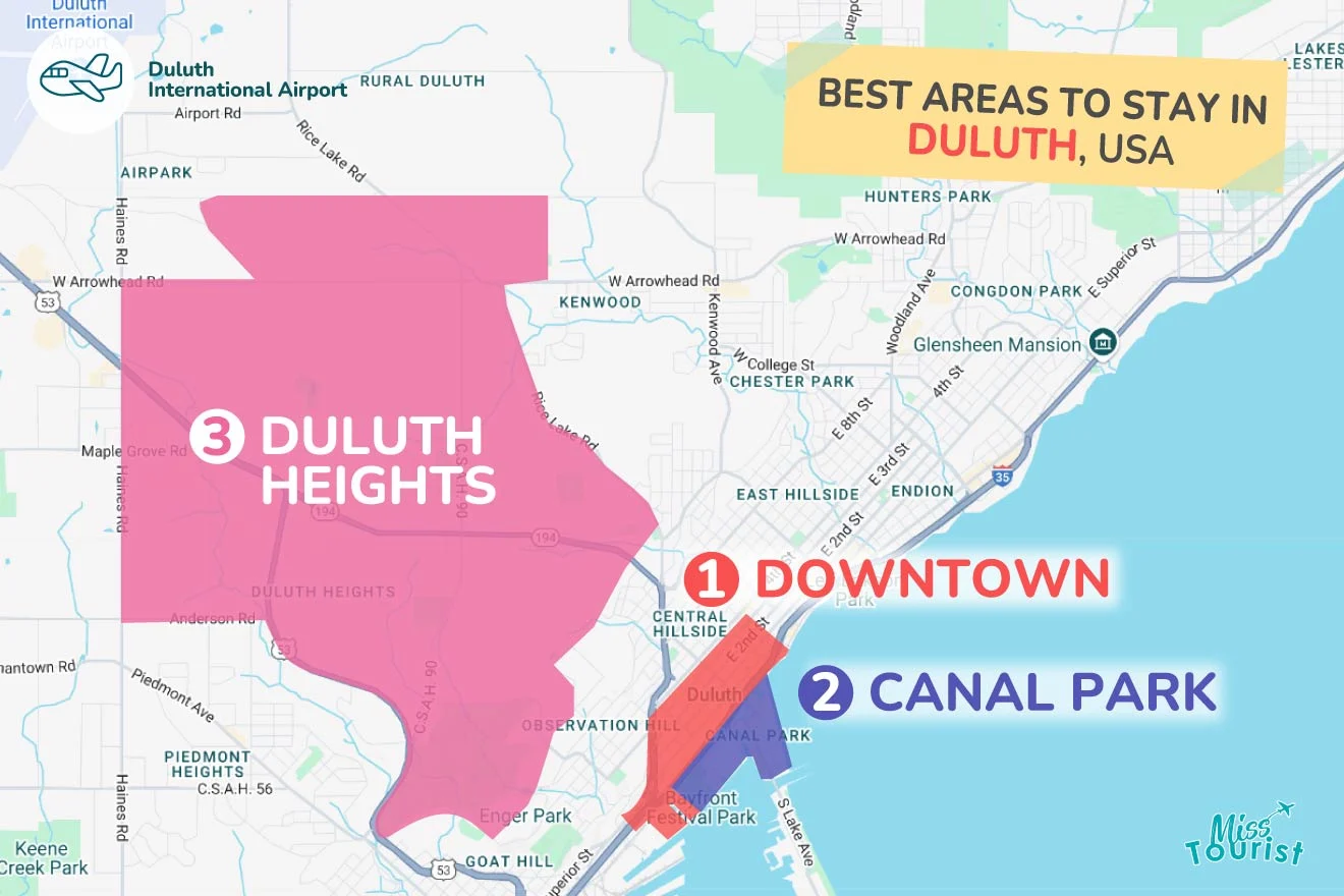 Map highlighting the best areas to stay in Duluth, USA: Downtown, Canal Park, and Duluth Heights.