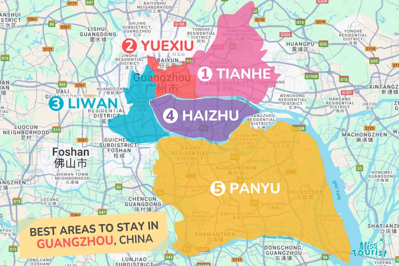 Map highlighting best areas to stay in Guangzhou, China: Yuexiu, Tianhe, Liwan, Haizhu, and Panyu, with surrounding streets and landmarks labeled.