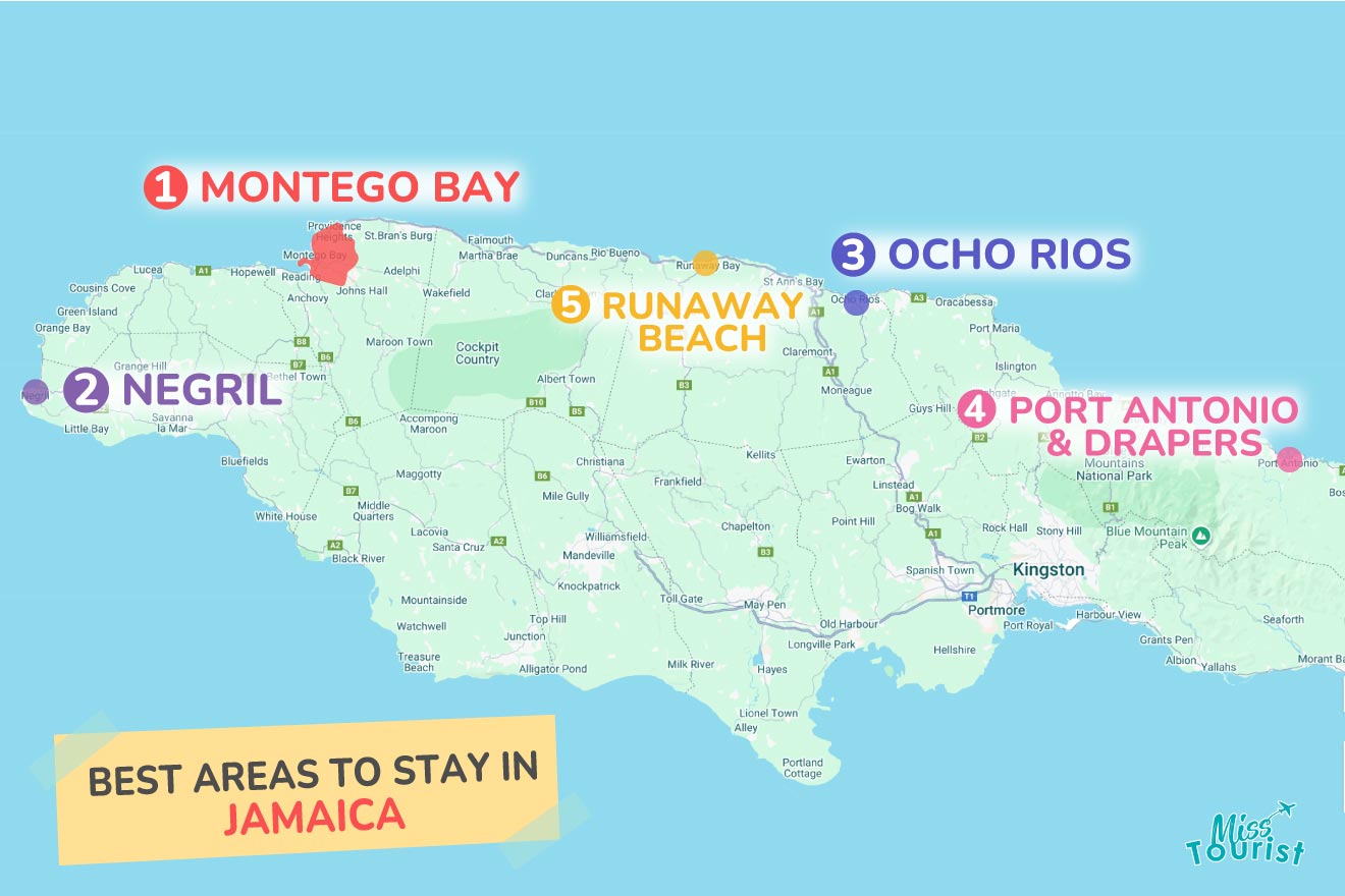 Map of Jamaica highlighting five areas: Montego Bay, Negril, Ocho Rios, Port Antonio & Drapers, and Runaway Beach as best areas to stay.