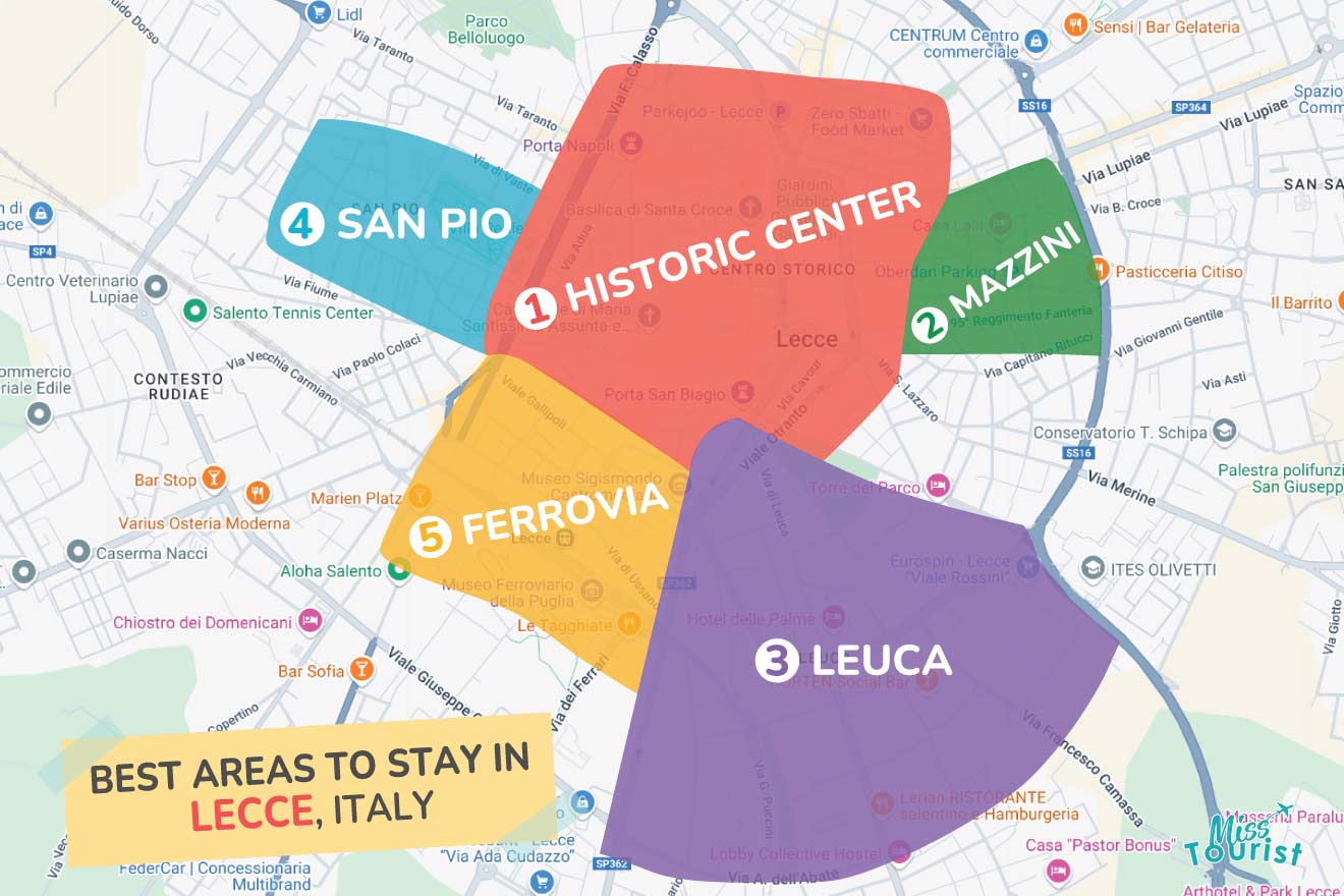 Color-coded map showing the best areas to stay in Lecce, Italy: Historic Center, Mazzini, Leuca, San Pio, and Ferrovia.