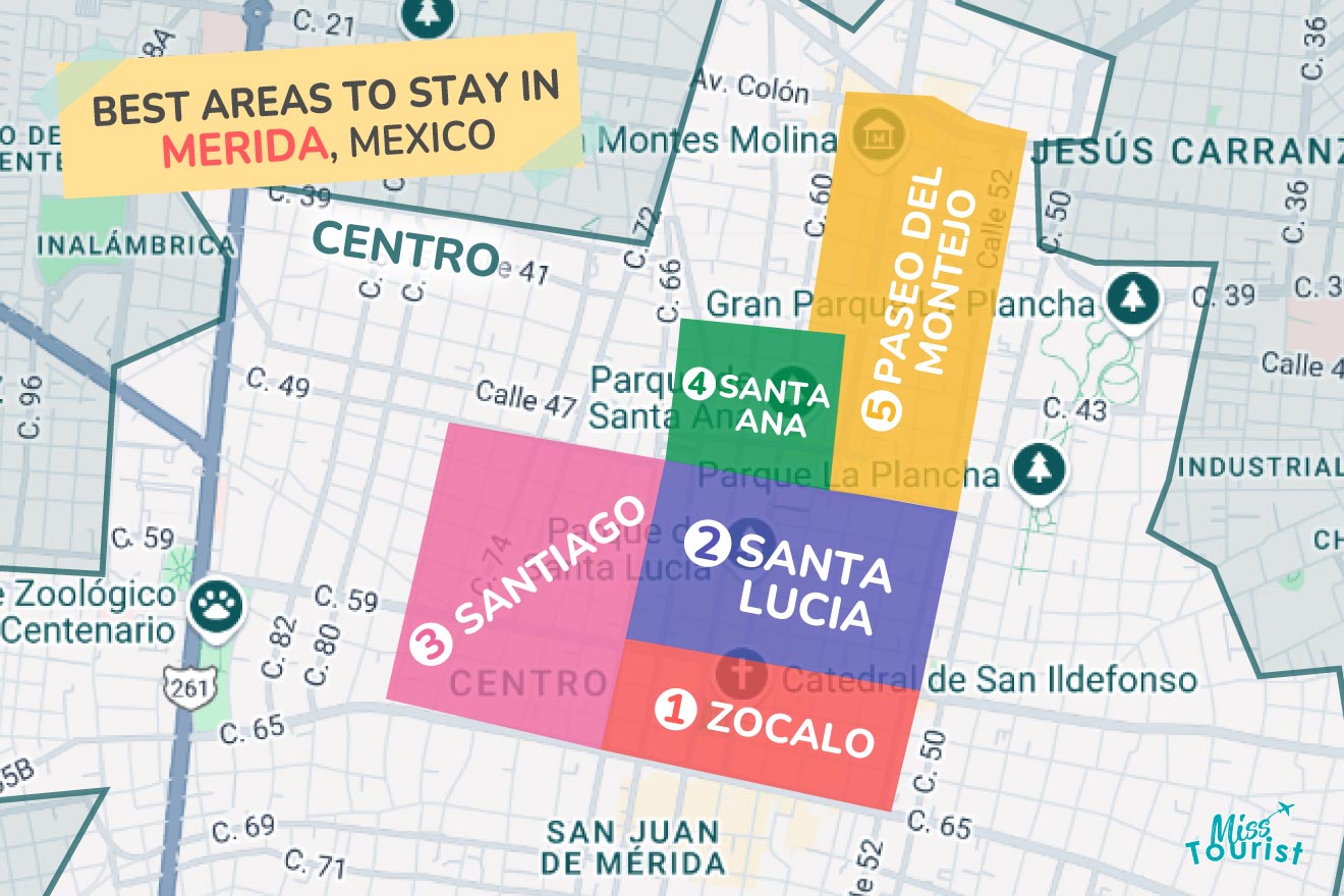 Map highlighting the best areas to stay in Merida, Mexico: Zocalo, Santa Lucia, Santiago, Santa Ana, and Paseo del Montejo. Areas are color-coded for easy identification.