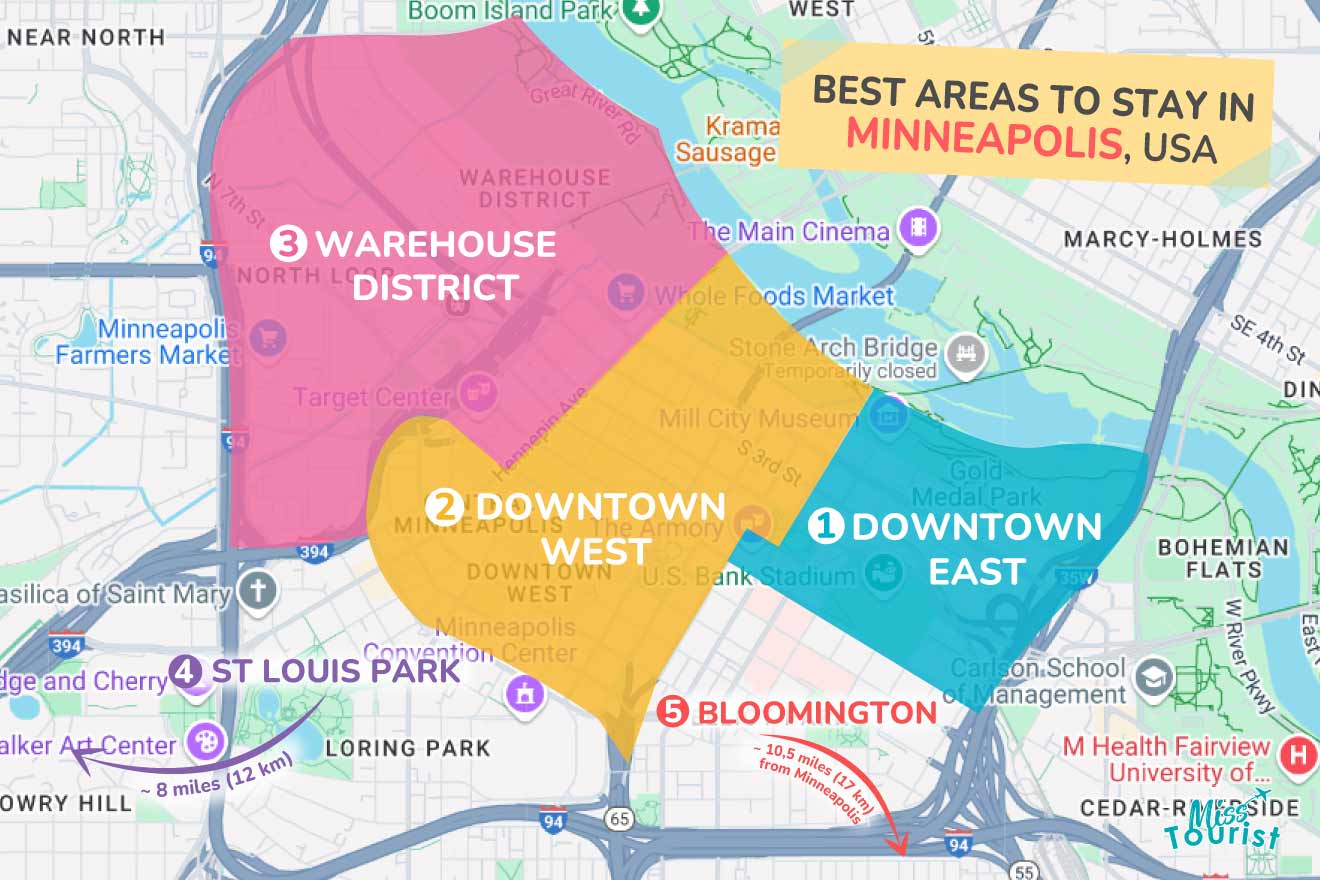 Map highlighting best areas to stay in Minneapolis, USA: Downtown East, Downtown West, Warehouse District, St. Louis Park, and Bloomington.