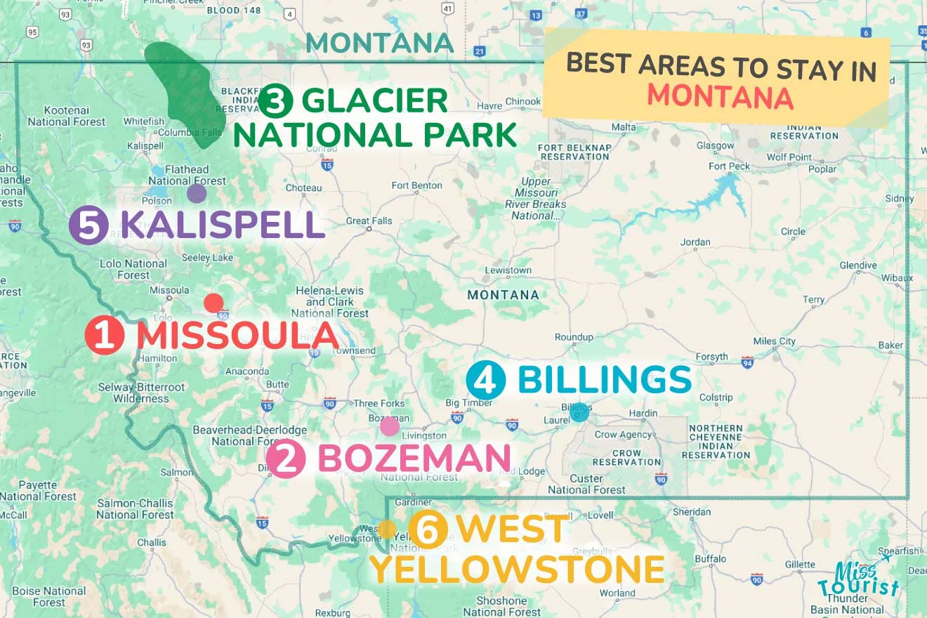 Map of Montana highlighting six best areas to stay: 1. Missoula, 2. Bozeman, 3. Glacier National Park, 4. Billings, 5. Kalispell, 6. West Yellowstone.