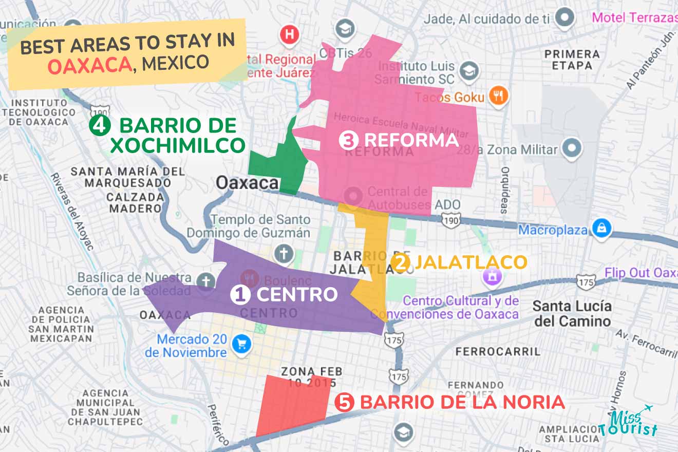 Map highlighting the best areas to stay in Oaxaca, Mexico, with labeled regions: Barrio de Xochimilco, Reforma, Jalatlaco, Centro, and Barrio de la Noria.