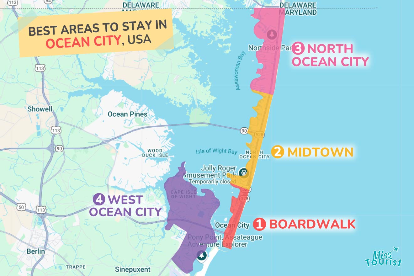 Map showing the best areas to stay in Ocean City, USA, highlighting Boardwalk, Midtown, North Ocean City, and West Ocean City with color-coded regions.