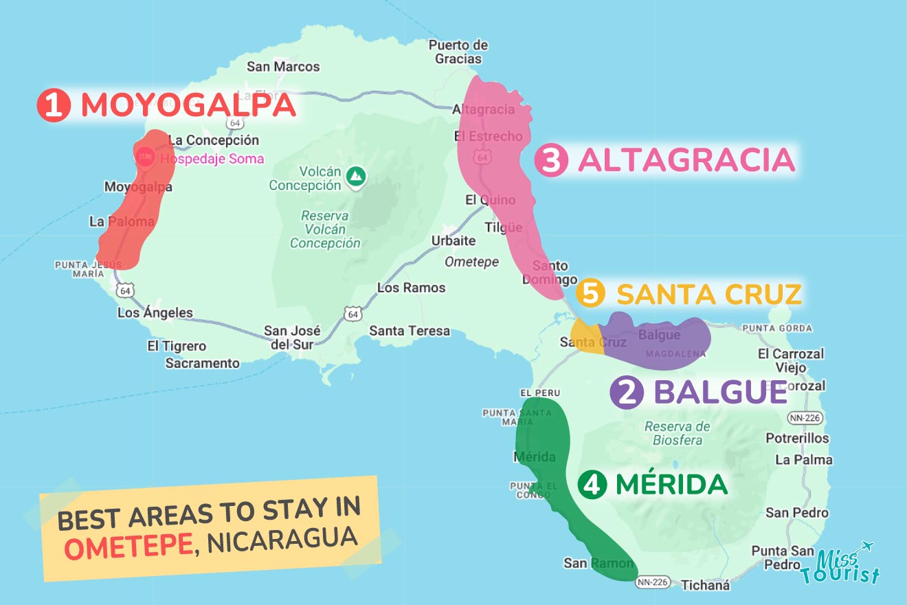 Map of Ometepe, Nicaragua, highlighting Moyogalpa, Altagracia, Balgue, Mérida, and Santa Cruz as recommended areas to stay.