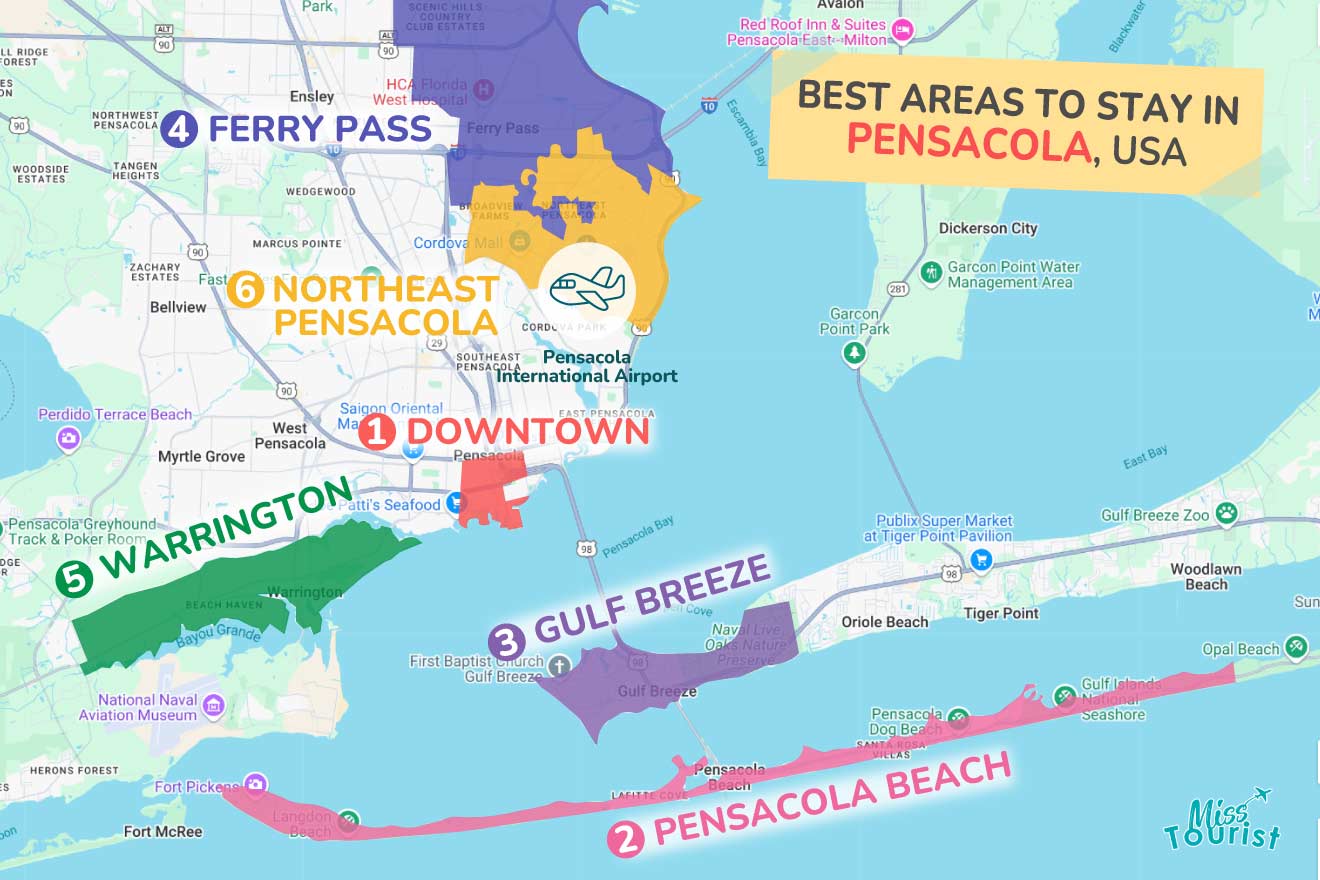 Map highlighting the best areas to stay in Pensacola, including Downtown, Pensacola Beach, Gulf Breeze, Ferry Pass, Warrington, and Northeast Pensacola.