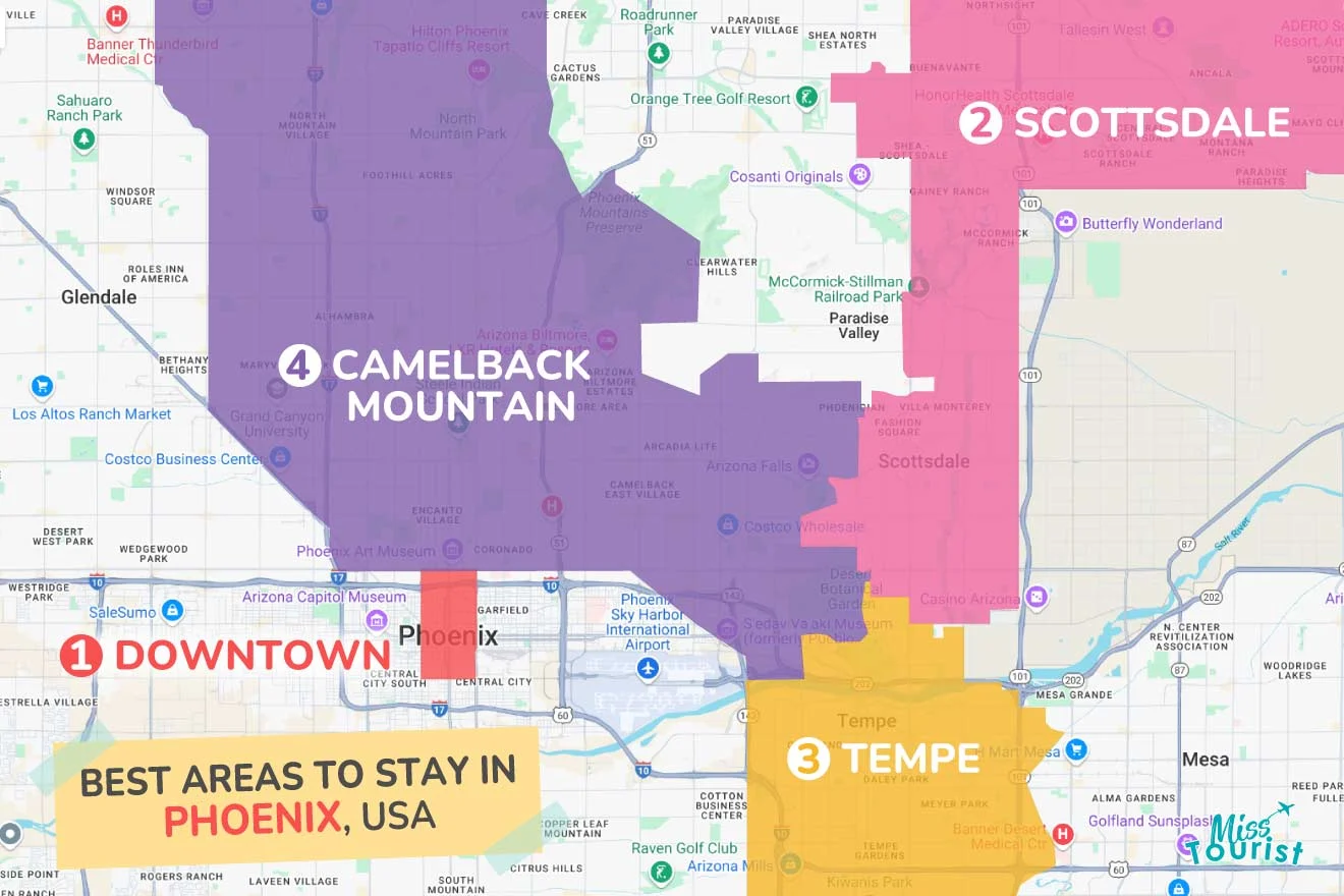 Map highlighting best areas to stay in Phoenix: Downtown, Scottsdale, Tempe, and Camelback Mountain, with each area marked by different colors.