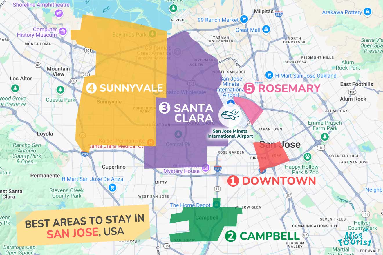 Map highlighting best areas to stay in San Jose, USA, including Downtown, Campbell, Santa Clara, Sunnyvale, and Rosemary.