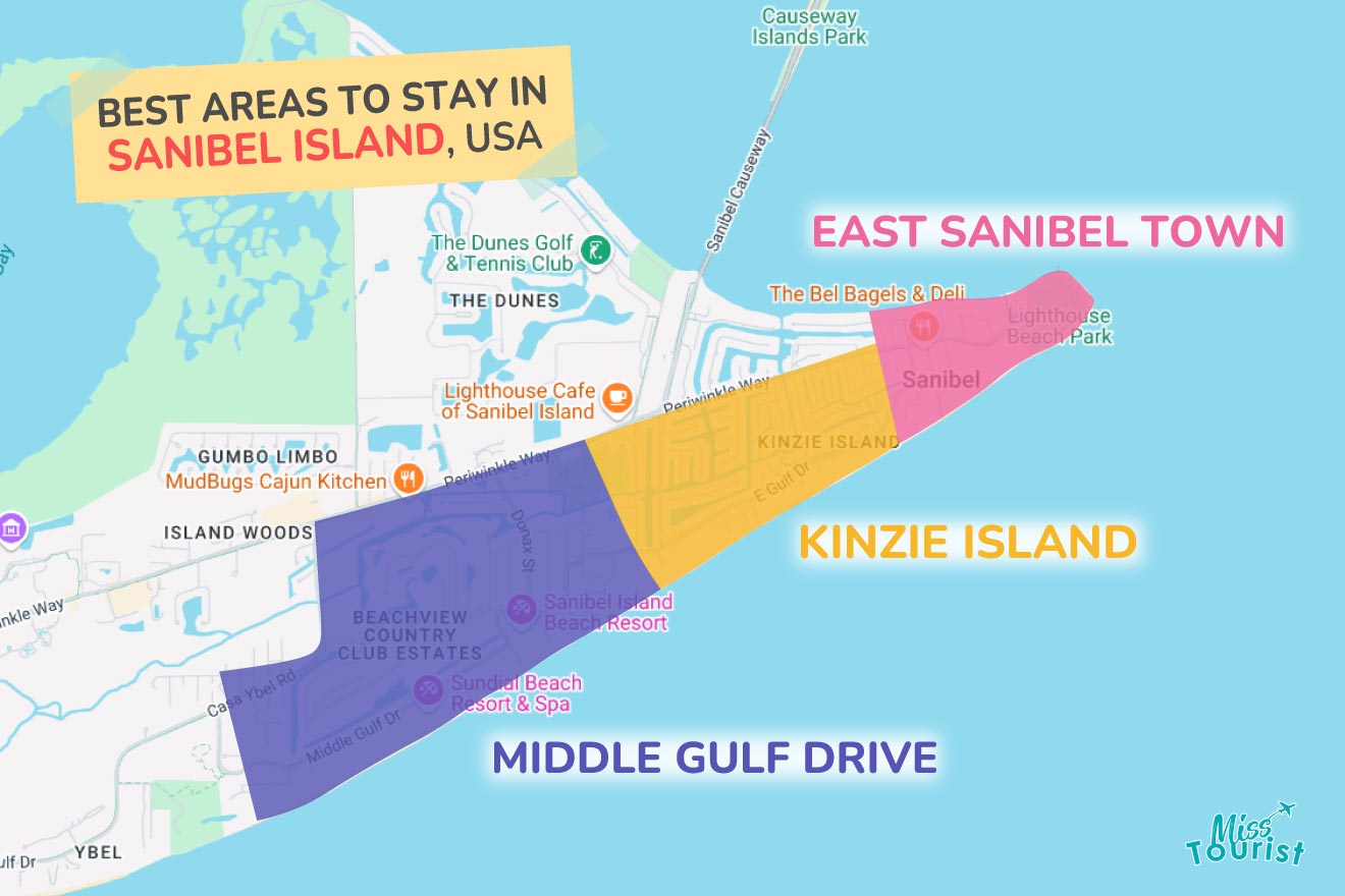 Map highlighting three areas on Sanibel Island, USA: East Sanibel Town, Kinzie Island, and Middle Gulf Drive, each in different colors. Key landmarks include cafes, beaches, and clubs.